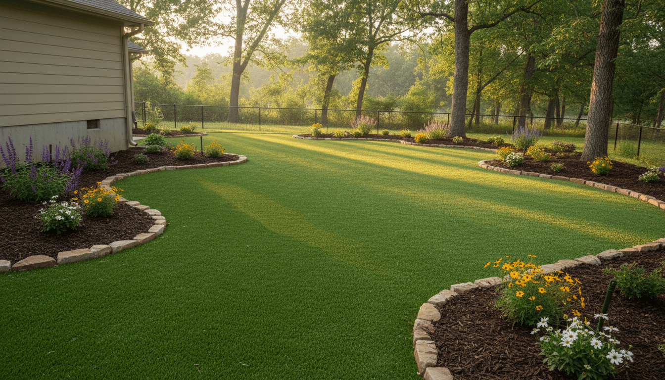 Completed landscape project showing finished backyard transformation and plantings