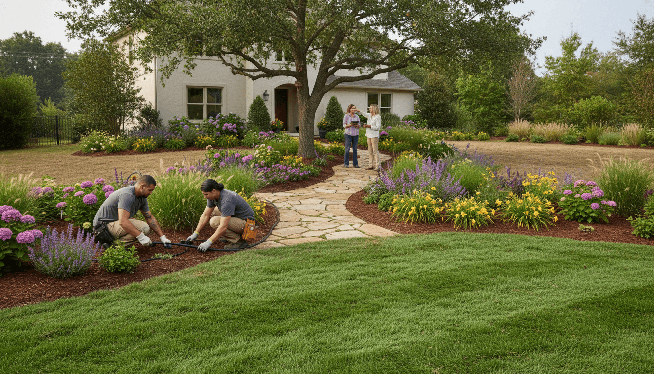 Landscaper installing soil and preparing new garden beds for a backyard project